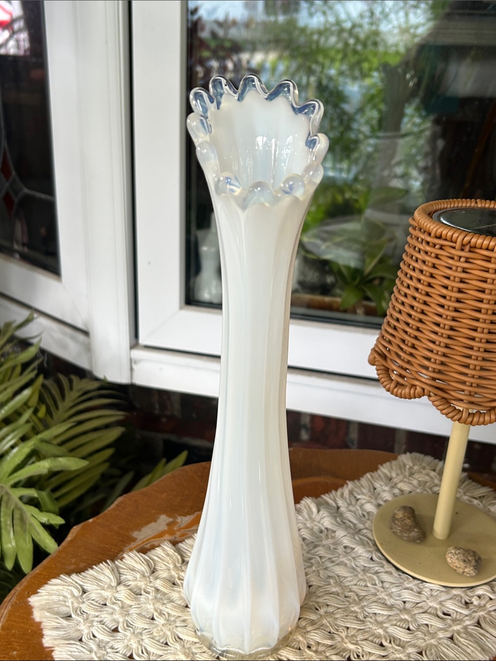 Vintage Fostoria Heirloom White Opalescent Swung Glass Vase